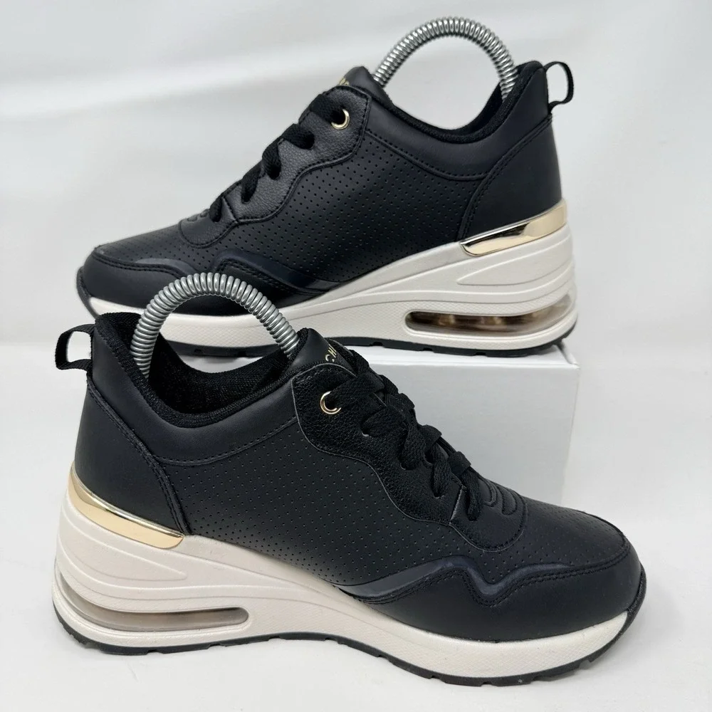 Skechers Million Air Hotter Air Womens 6.5 Black Gold Wedge Sneakers 155399